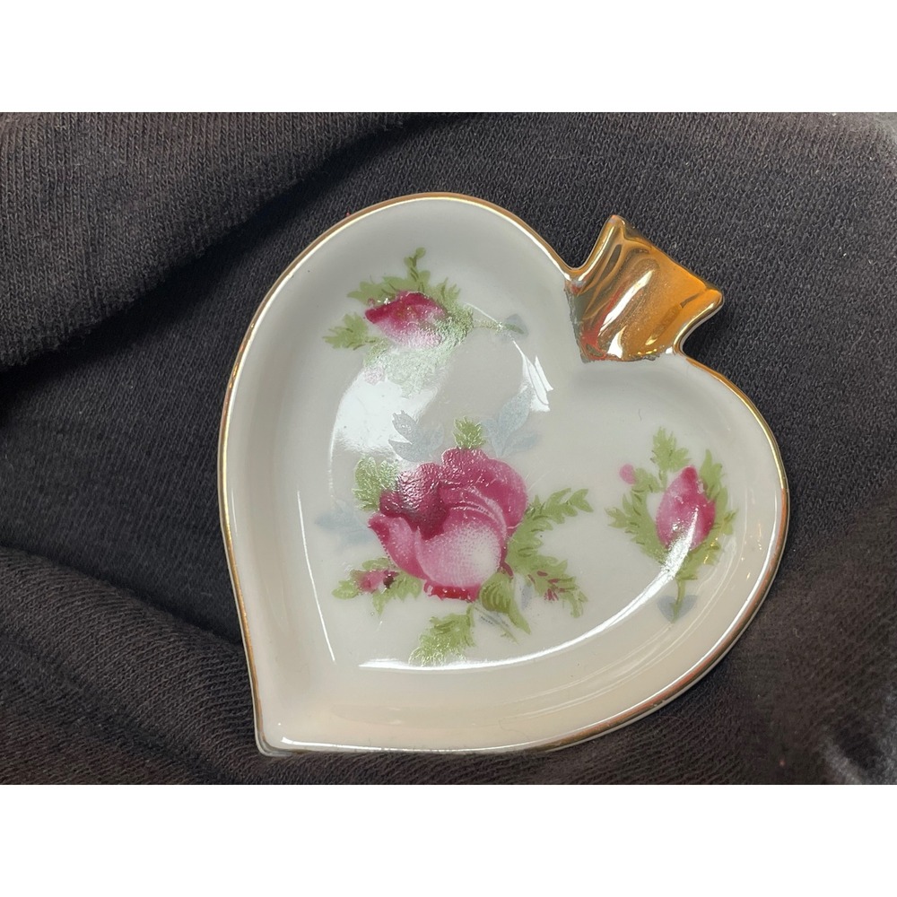 Vintage Lefton Jensens Gifts Heart Porcelain Rose Trinket Bowl & 3 Ashtrays Set - Picture 8 of 14